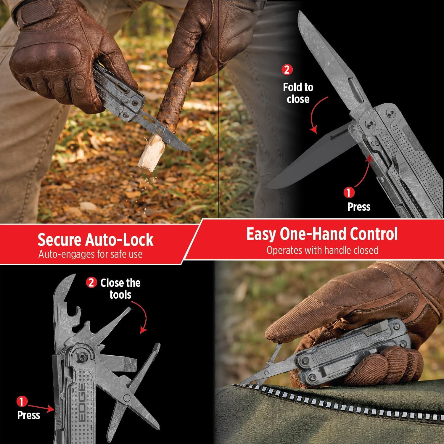 EDGE Multi-Tool Pliers 14-in-1 Stainless Steel Multitool with Knife, Saw, Scissors, Wire Cutter & Screwdriver Bits, Compact Folding Pocket Tool for Camping, Survival - Black