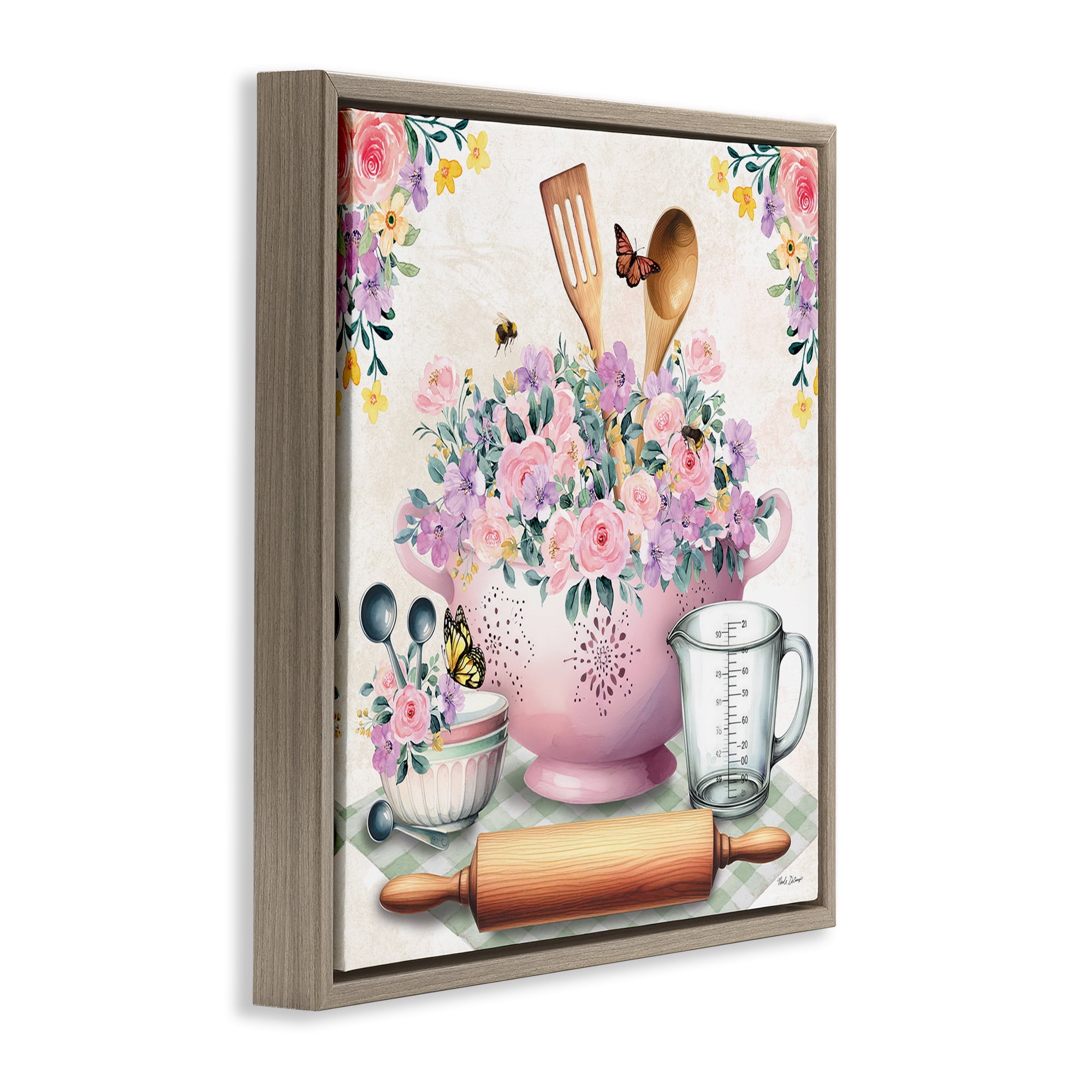 Stupell Industries Pink Florals & Utensils Food & Beverage Painting Brown Floater Framed Canvas Art Print Wall Art, 18 x 18