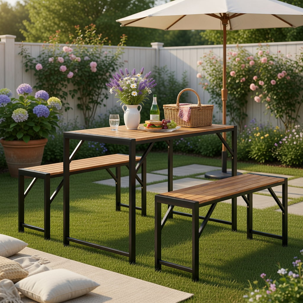 Hommoo 3-Piece Acacia Wood Patio Dining Set, Picnic Table & 2 Benches for 4, Outdoor Furniture with Heavy-Duty Metal Frame, Black & Natural
