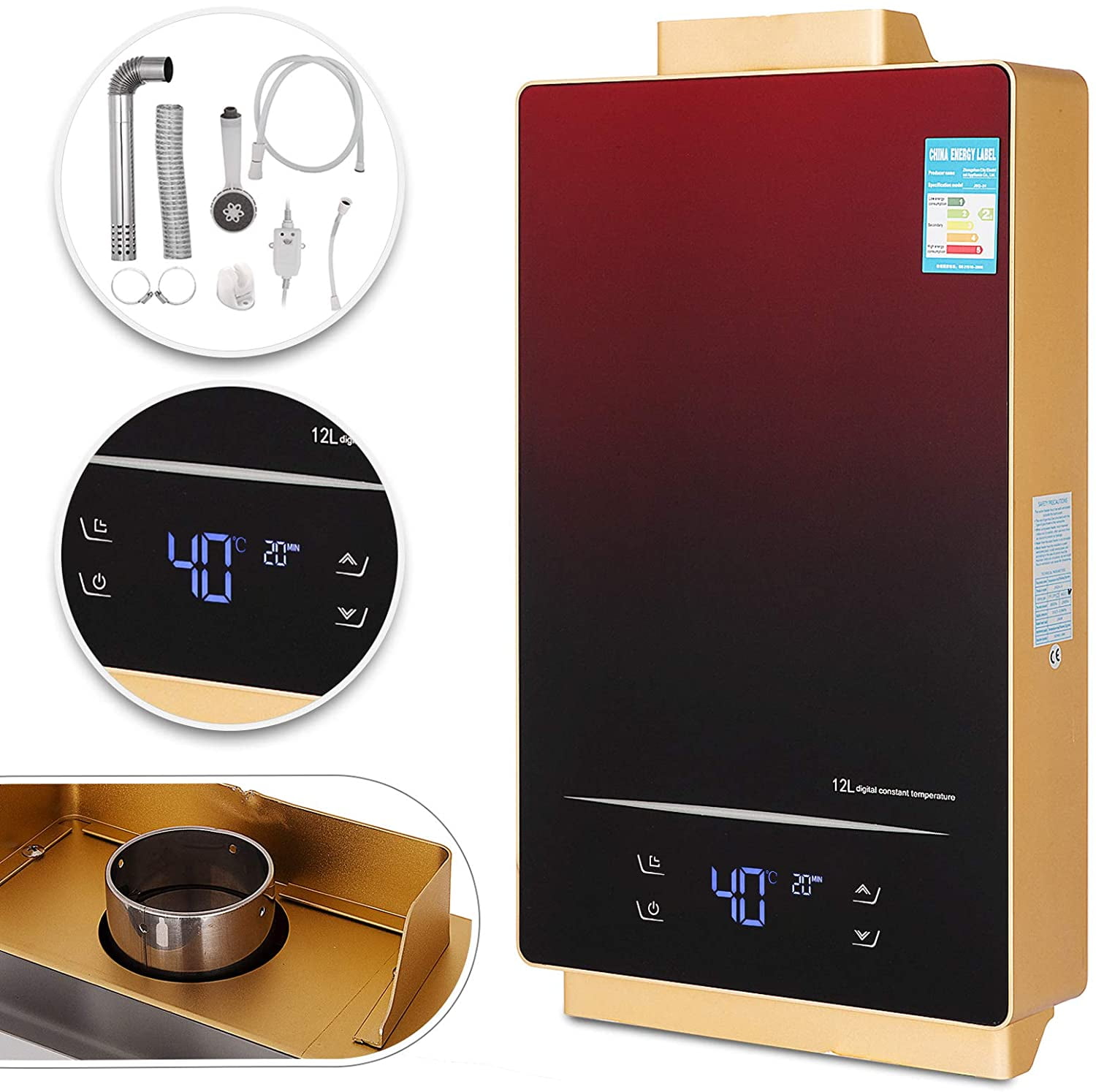 VEVOR 12L Natural Gas Tankless Water Heater 36KW 3.2GPM Touch Screen On Demand Water Heater