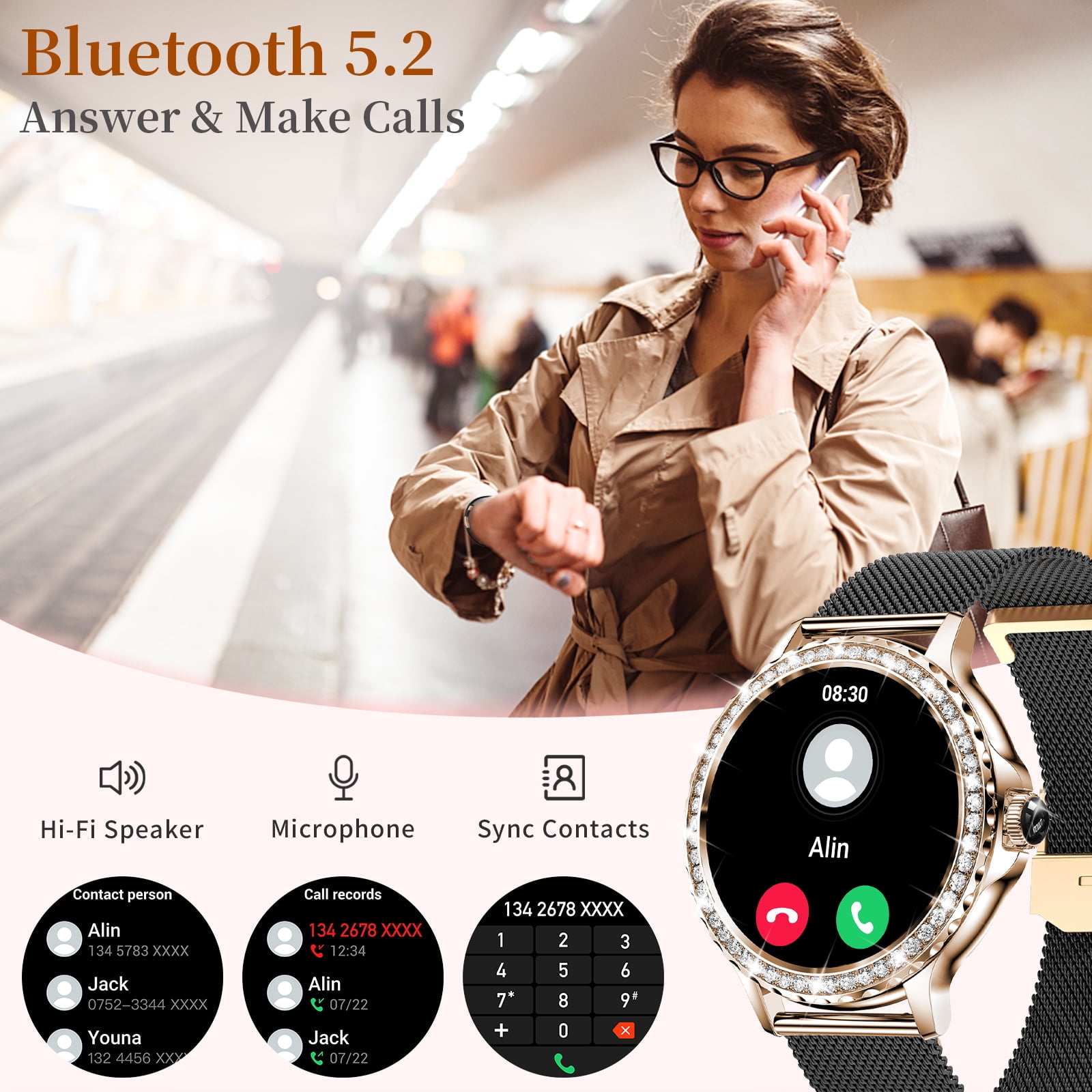 Vosoirsi NX19 Stainless Steel Gold Case with Black gold Band, 1.3 in Smartwatch