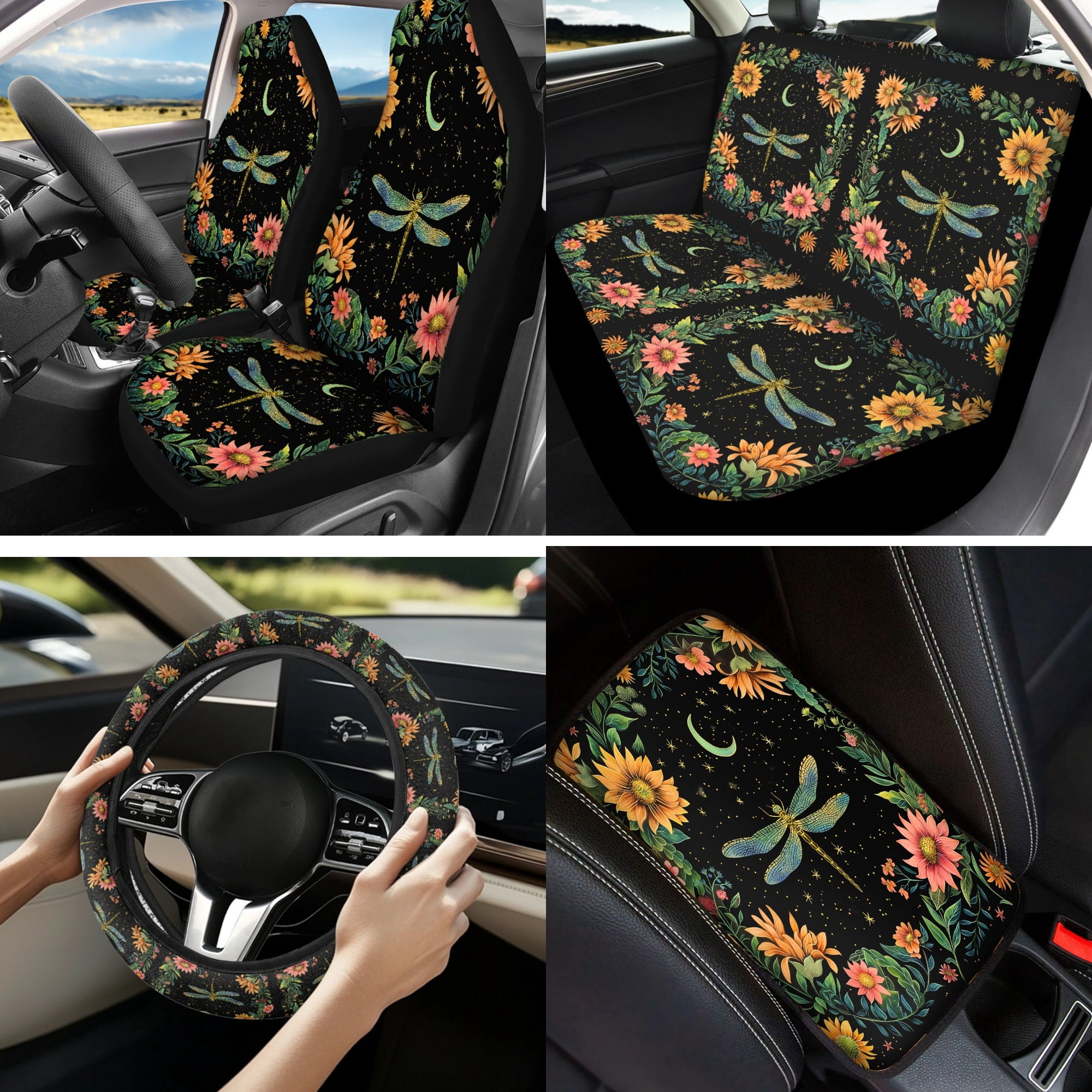 Jeiento Dragonfly 13 Pcs Car Seat Cover Full Set Automotive Interior Accessories with Flower Steering Wheel Cover, Seat Belt Pad, Armrest Covers, Coasters Universal Fits Most Vehicles