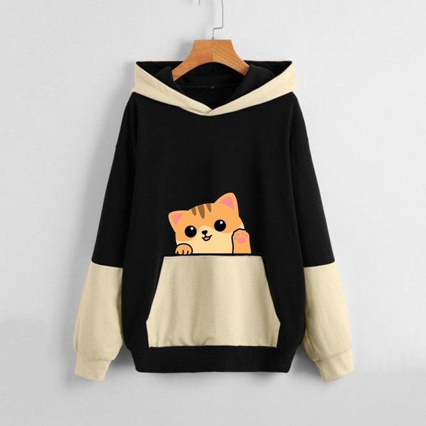ICHUANYI Clearance Women's And Winter Pullover Bottoming Hooded Cute Pet Print Large Size Loose Colorblock Sweater(Black, M) ICHUANYI WER2023081203524