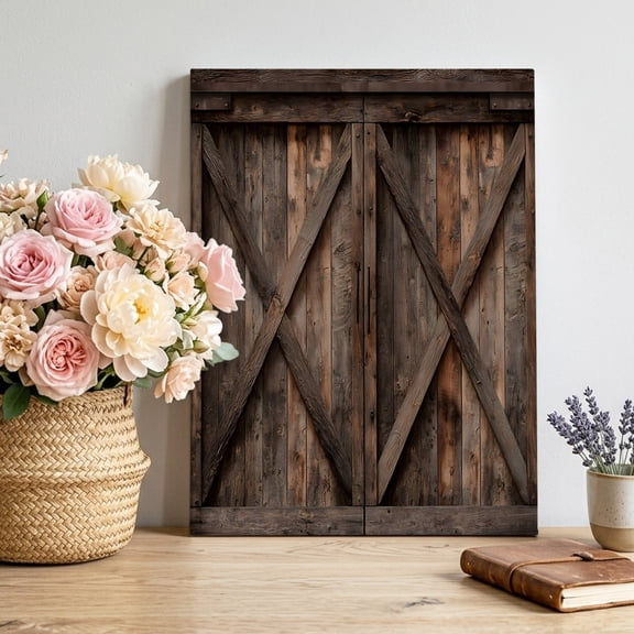 Farmhouse Canvas Wall Art Framed Wall Decor for Living Room Bedroom Bathroom, Brown Country Style Barn Door Distressed Wood Grain Canvas Pictures Ready to Hang Decor, 8"x10"