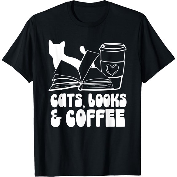 Cat Mom - Cute Retro Cats Books & Coffee T-Shirt men and women can wear, black, white, gifts