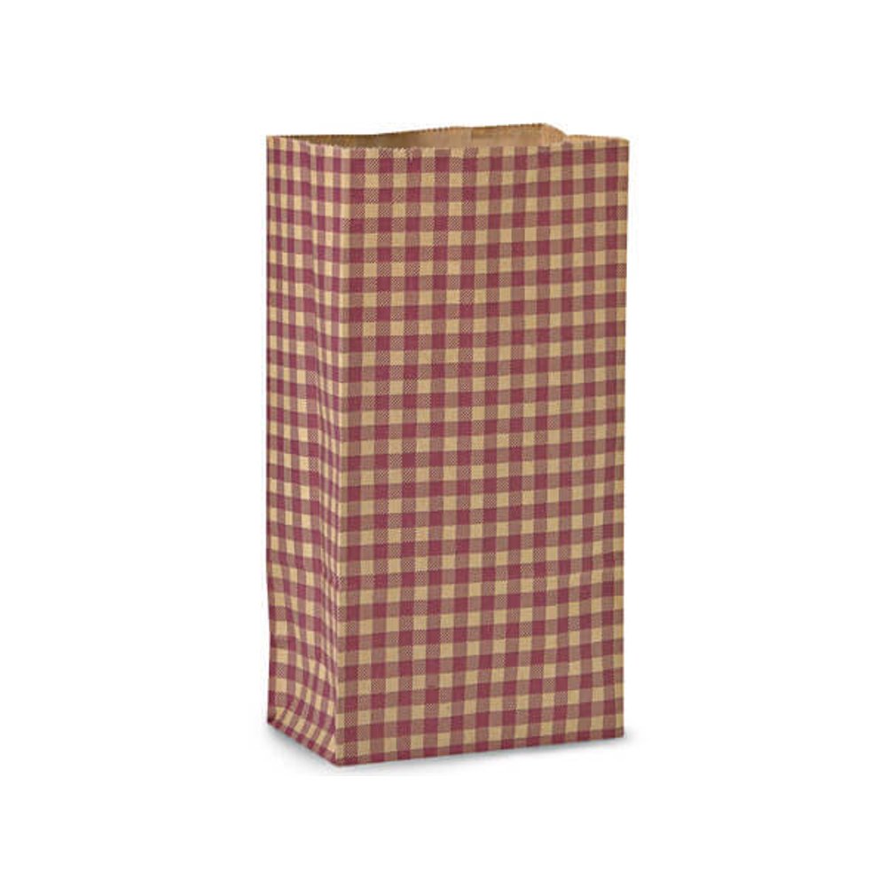 50 PK, Burgundy Gingham Kraft Gift Sack, 12 Lb Bag 7 x 4.25 x 13.75