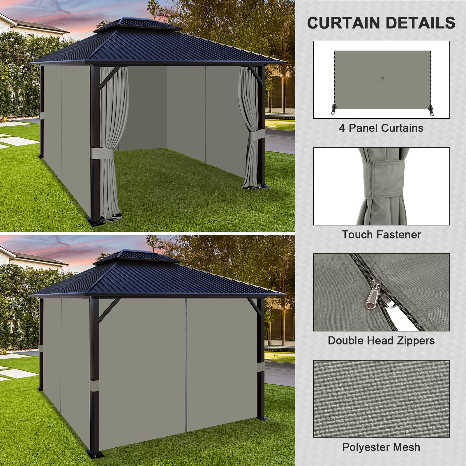 Aoodor 10' x 13' Gazebo Curtain Set Protecting Privacy Side Walls 4 Panels, Curtain Only - Grey