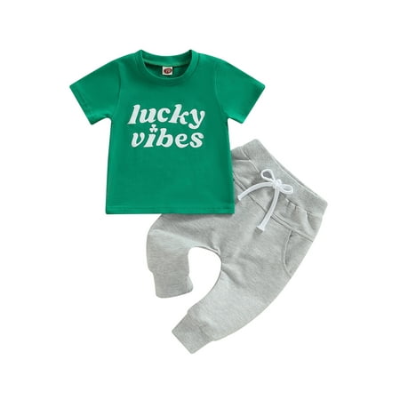 

Toddler Baby Boy St. Patrick s Day Outfits Letter Printed Short Sleeve T-Shirt Tops and Pants 2pcs Clothes Set
