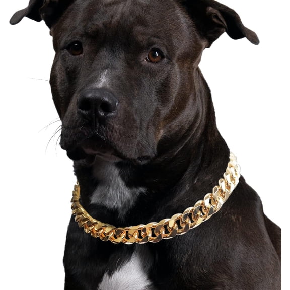 Gold Chain Dog Collar - Metal Cuban Link Dog Necklace with Leather Belt, Lightweight Protect Puppy's Neck, Cute Fashion Dog Jewelry Accessories 14.5 inches
