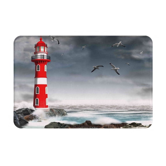 Gukieu 3d Lighthouse in the Surf Print Dust-proof Floor Mats, Water-absorbent and Non-slip Flannel Door Mats 16x24in, Home Decoration Suitable for Kitchen, Bathroom, Garage