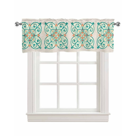 Teal Beige Boho Linen Curtain Valance for Bedroom/Bathroom/Kitchen/Living/Dining Room Window,Colorful Vintage Turkish Pattern Modern Geometric Rod Pocket Topper Decorative Cafe Drapes Panel 54x18
