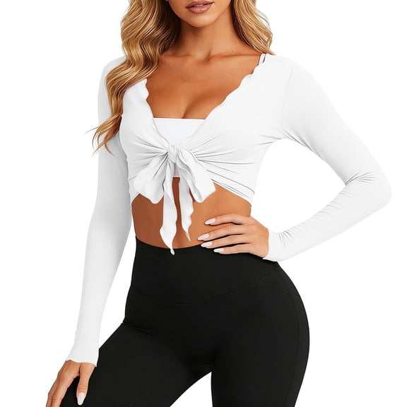 OSFVNOXV Juniors Crop Tops Lightweight Tie Front Ballet Ruffle Bolero Shrugs Long Sleeve Breathable Yoga Layering Workout Cardigan