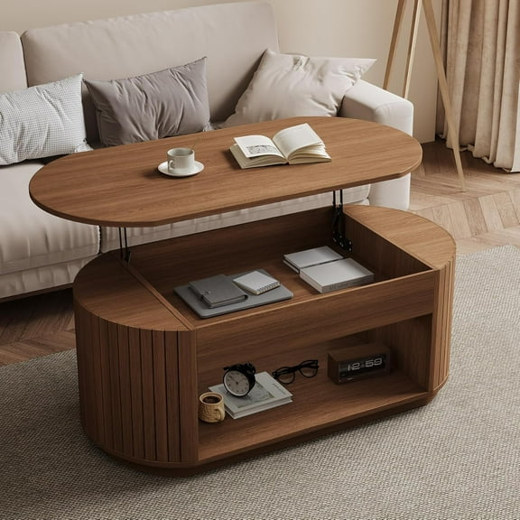 Epecoya47-Inch Lift Top Wood Coffee Table with Hidden Storage Compartment and Open Shelf for Living Room, Fluted Oval Center Tea Table with Wooden Lift-Top for Apartment, Small Space, Light Brown Oak