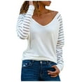 thumbnail image 2 of MPWEGNP T-Shirts Blancs pour Femmes Mode Printemps Col en V Rayé Blouse Patchwork Imprimée Ample Manches Longues, 2 of 9
