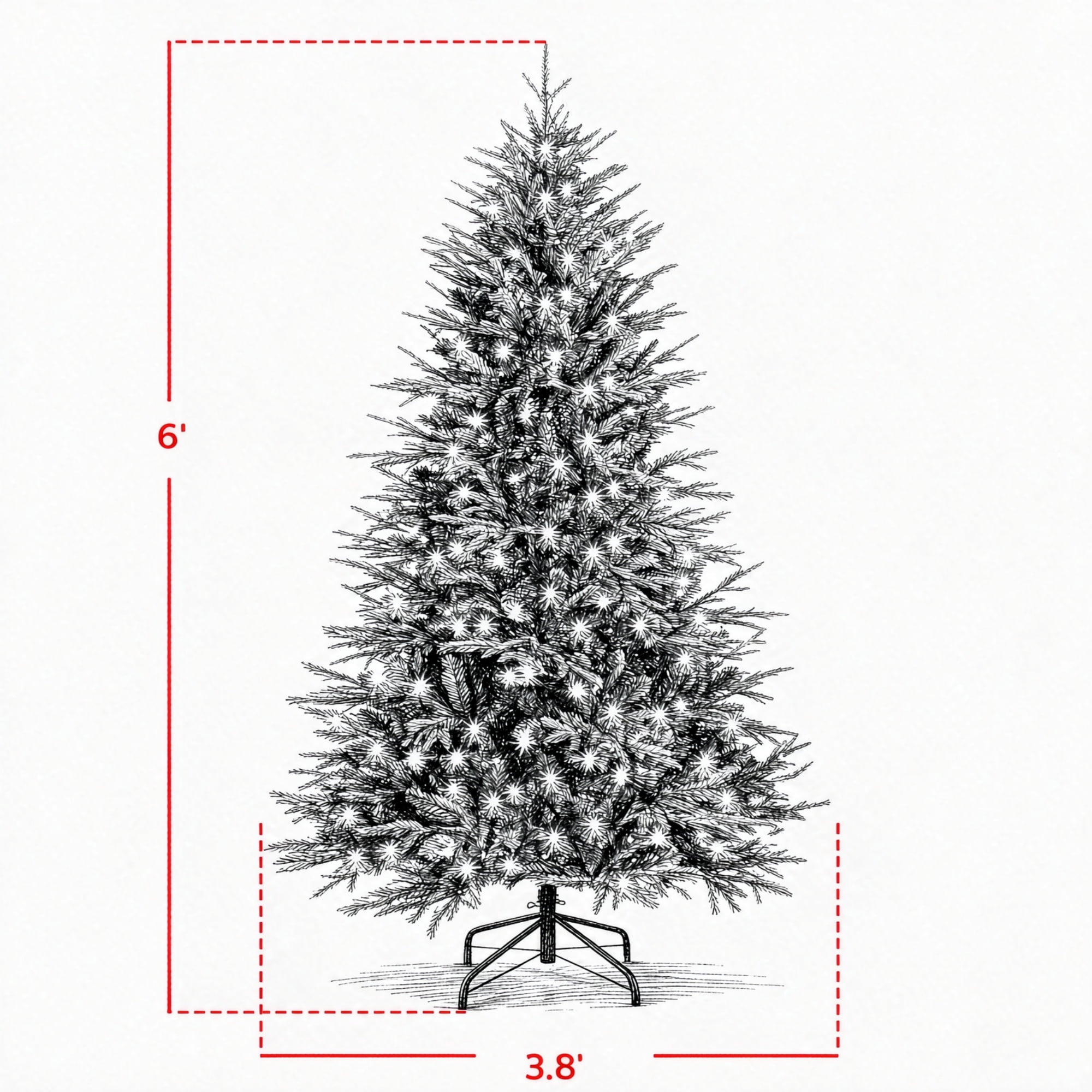 6 ft Wide Pre-Lit Christmas Tree with 300 Warm White LED Lights, 2345 Tips, Hinged Design, PE and PVC Foliage, Metal Stand