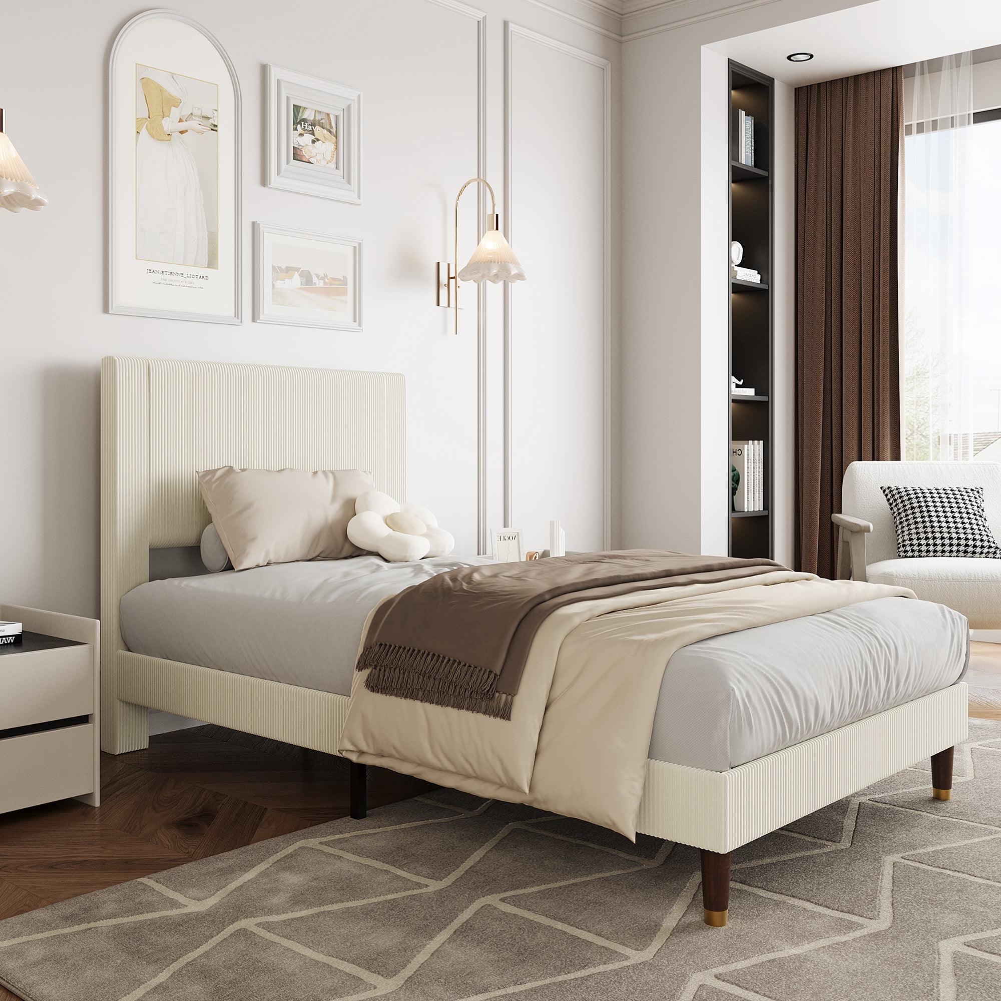 Twin/Full/Queen/King Size Upholstered Platform Bed Frame - Modern Fabric Headboard, Metal Frame & Wooden Slats Double Support, Non-Slip Noise-Free, No Box Spring Needed