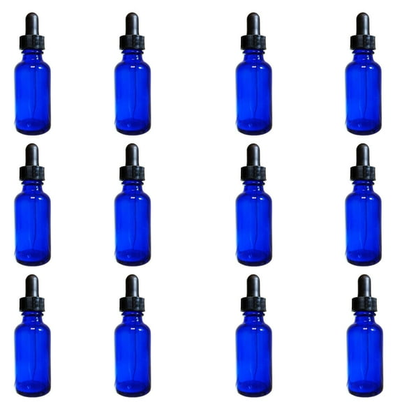 Bottle, Flint Glass Cobalt Blue Color, 1 ounce, with dropper assembly.  Pack 12.