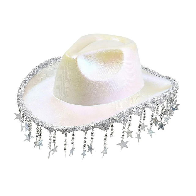 Sombrero vaquero portátil, cómodo y moderno con flecos, ideal para viajes y vacaciones. Blanco