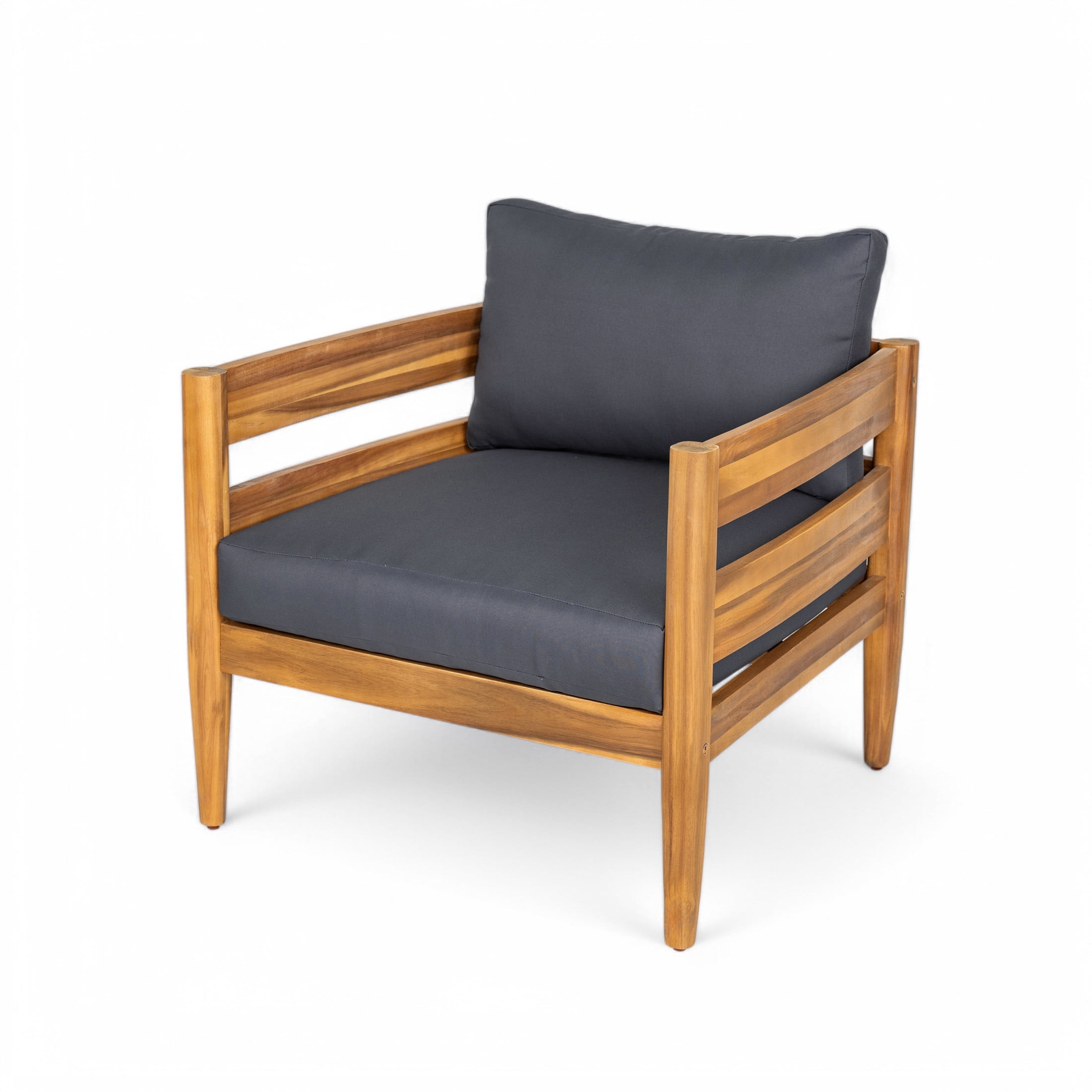 Christopher Knight Home 4-Piece Outdoor Chat Set with Slatted Loveseat, Chairs & Coffee Table, Dark Grey Cushions