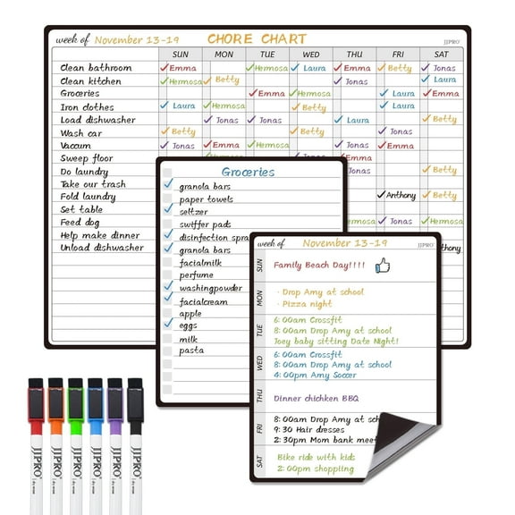 JJPRO Magnetic Dry Erase Chore Chart for Family - Chore Board for Teenagers, Weekly Notes and Lists Board Included.