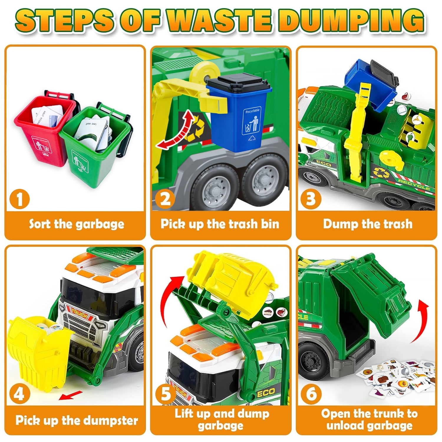 LINXUXIE Large Garbage Truck Toy Set, Kids Trash Truck with Sound, Light & Trash Bins, Birthday Gifts for Kids 3-5 5-8 8-12 Year Old