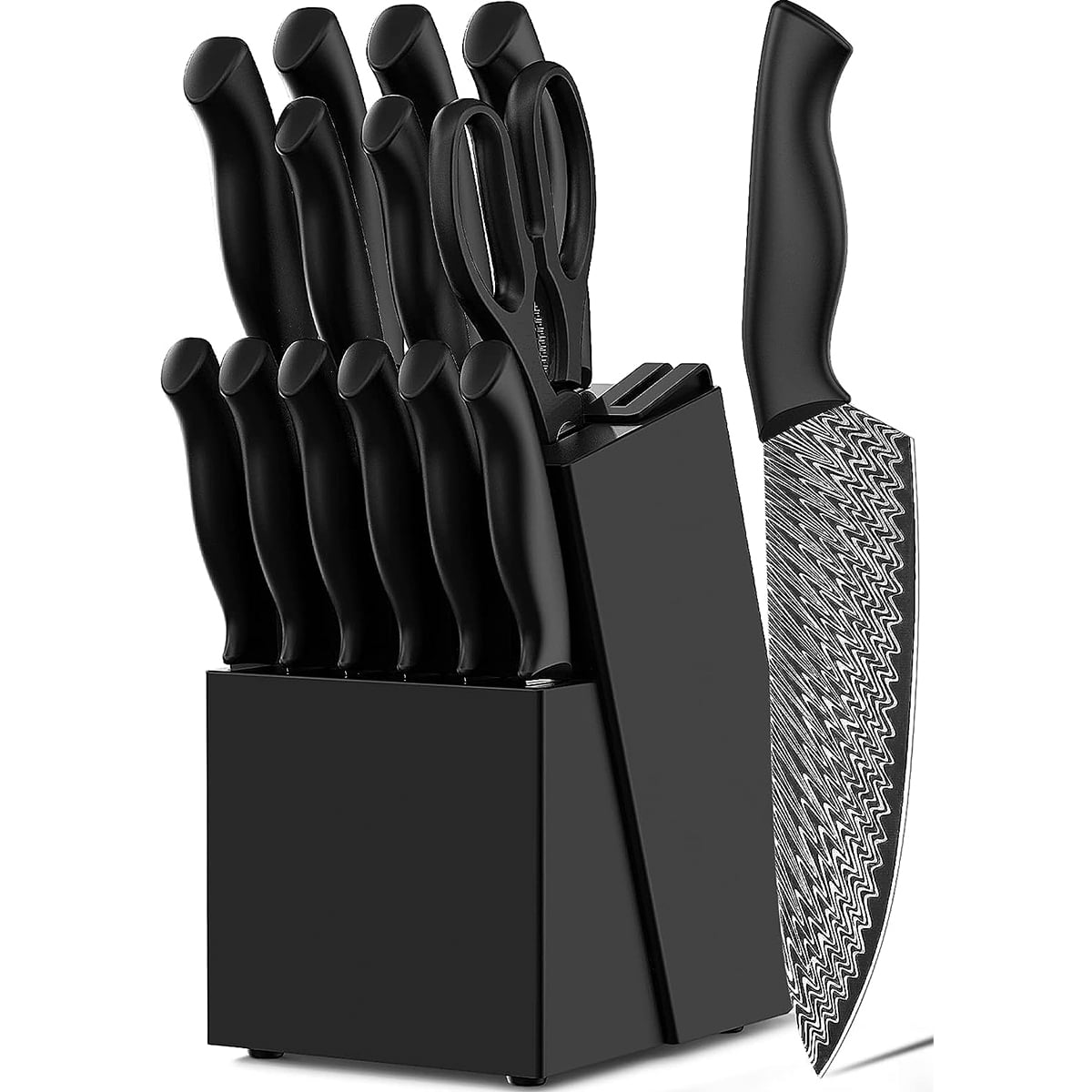 OSQI Knife Set, 15 Pieces Kitchen Knife Set with Built in Knife Sharpener Block, Dishwasher Safe
