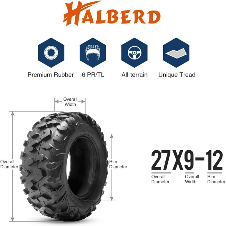 HALBERD 6PLY 27x9-12 ATV Tires 27x9x12 All Terrain Trail Sand UTV Off-Road  Tires (20mm Tread Depth Tubeless) 