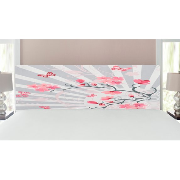 Nature Headboard, Cherry Blooming Butterflies on Stripes Sun Rays Curvy Lines Ornamental Art, Upholstered Decorative Metal Bed Headboard with Memory Foam, King Size, Pale Grey Pink, by Ambesonne