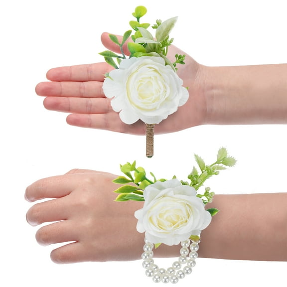 Rose Wrist Corsage and Boutonnieres Set Bride Artificial Flower Bracelet Boutonnieres for Men, White
