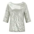 thumbnail image 5 of Dyfzdhu Sequin Tops for Women Plus Size Round Neck Slim Glitter Sparkly Tops Short Sleeve Dressy Casual Blouses Beige, 5 of 6