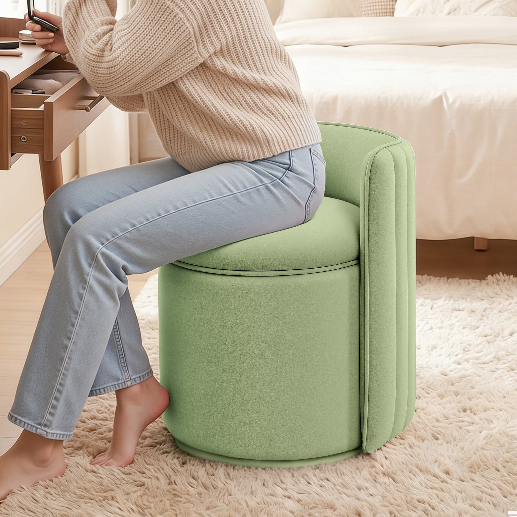 ATHOPE Vanity Chair with Storage, Velvet 360° Swivel Chair with Back, Modern Round Upholstered Bedroom Chair, Comfy Makeup Chair for Dressing, Living Room, No Assembly Required, Green