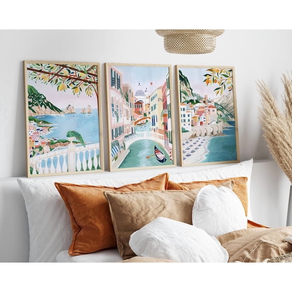 Set Of 3 Amalfi Coast Wall Art Prints, Italian Summer Coastal Decor