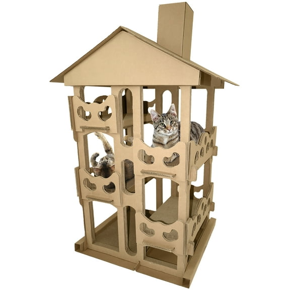 FurHaven Pet Cat Scratcher | Tower Playground Corrugated Cat Scratcher House with Catnip, Cardboard (Brown)