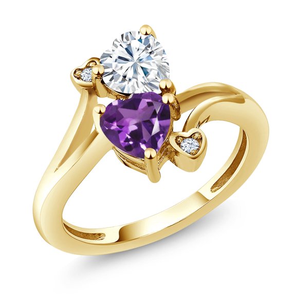 Gem Stone King 18K Yellow Gold Plated Silver White Moissanite Purple Amethyst Ring for Women (1.63 Cttw, Heart Shape 6MM, Gemstone Birthstone, Size 7)