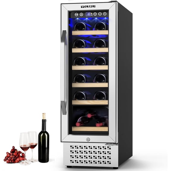 Yolsali 12 Inch Wine Cooler Refrigerators, Wine refrigerator, 18 Bottle Fast Cooling Low Noise and No Fog Wine Fridge, Digital Temperature Control Screen Built-in Freestanding