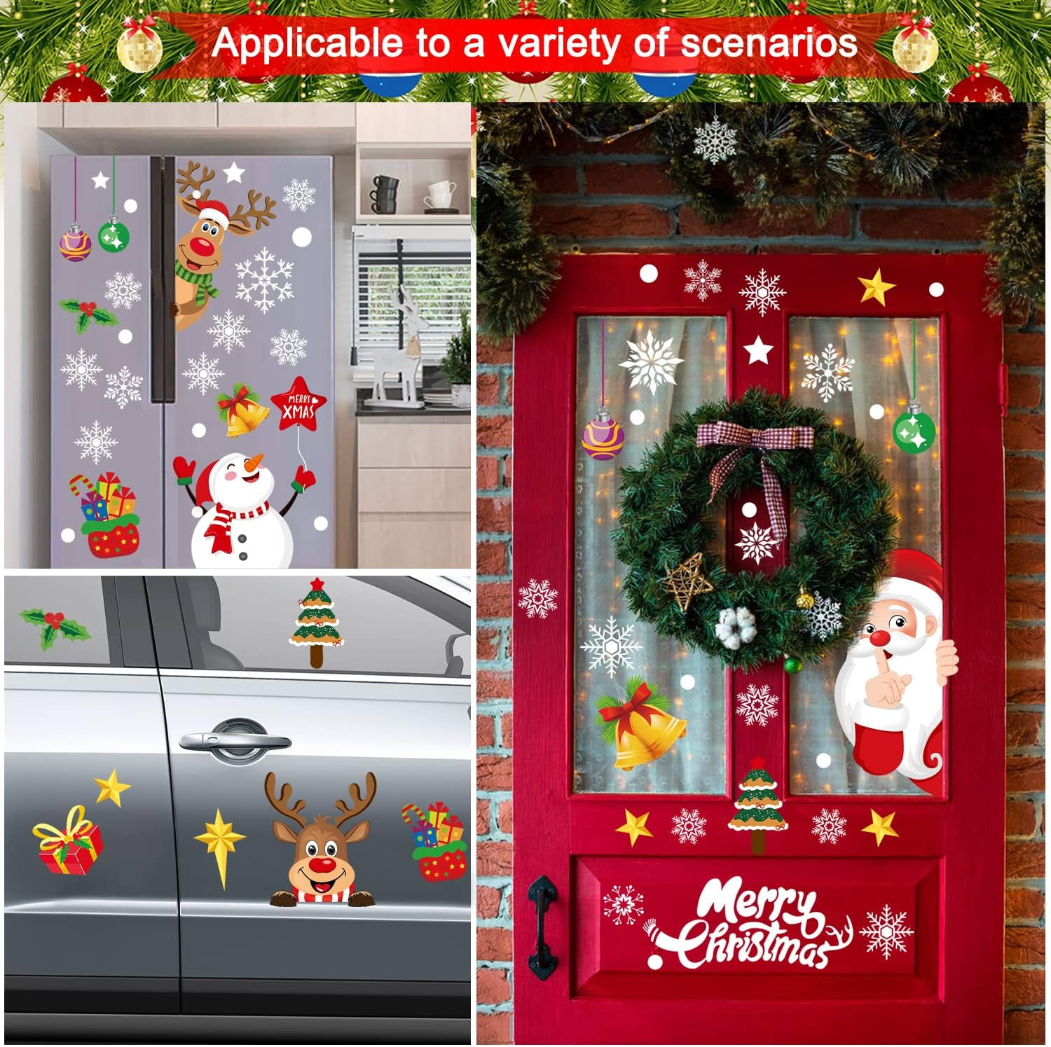 Christmas Window Clings 256pcs, Christmas Decals Reusable Double Sided Printed Self Adhesive Window Decorations Santa Claus, Moose, Snowman,Socks,Xmas Tree and Snowflakes Window Stickers, 8 Sheet
