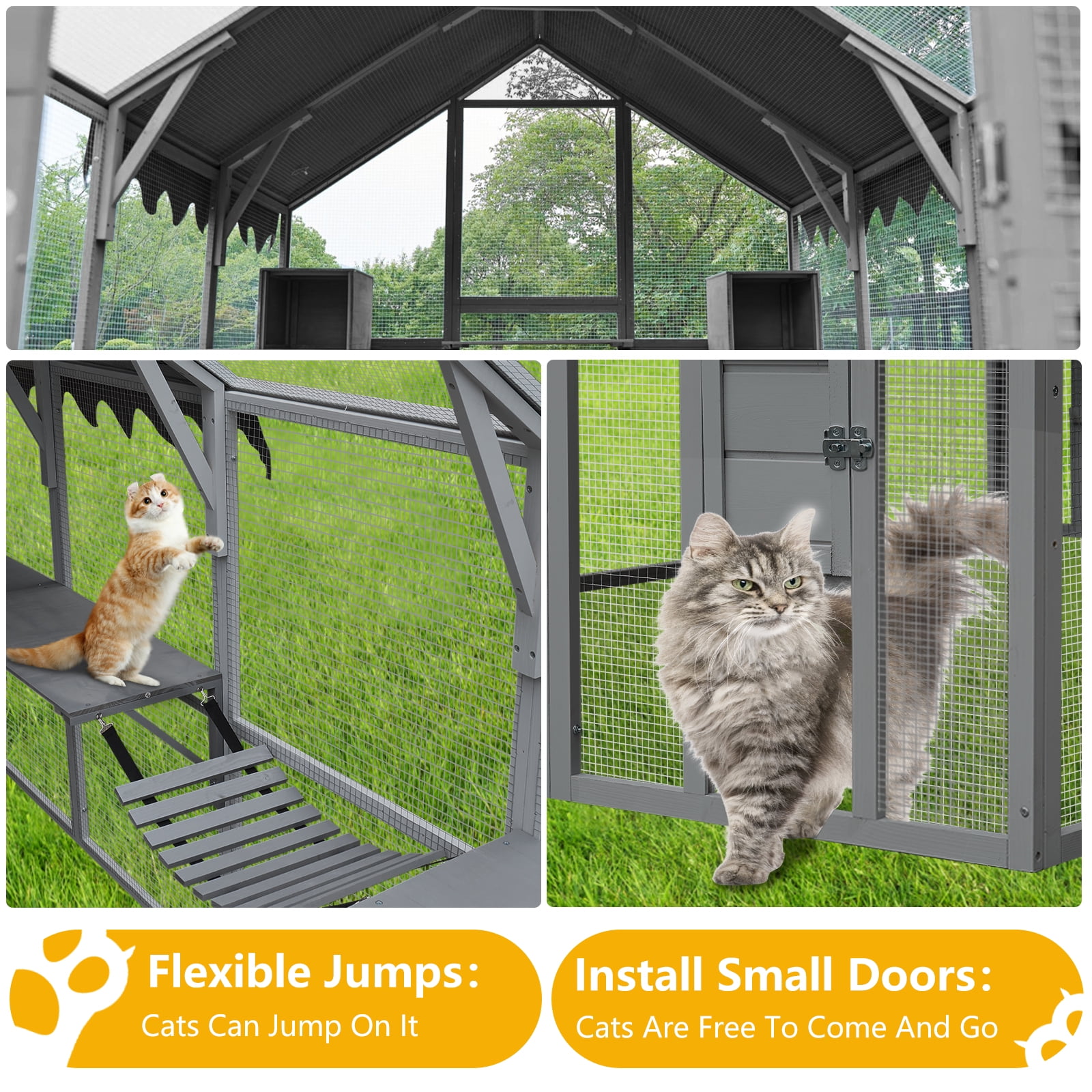 Segmart Cat House Outdoor Catio, 108.7'' Weatherproof UV Proof Walk-in Catio Large Cat Enclosure Surper Large for 15-20 Cats, Cat Cage Iguana Cage with Sunshine Board & Bouncy Bridge, Dark Grey