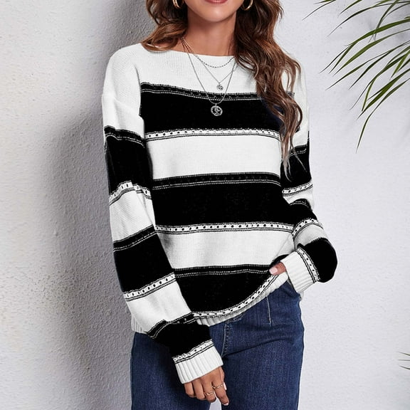 Lilgiuy Women's Round- Neck Stripe Splicing Recreational Pullover Knitting Sweater Long Sleeve Tops for Tennis Golf