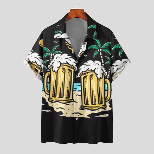 DPTALR Men Casual Buttons Color Block Beer Festival Print With Pocket Turndown Short Sleeve Shirt Blouse