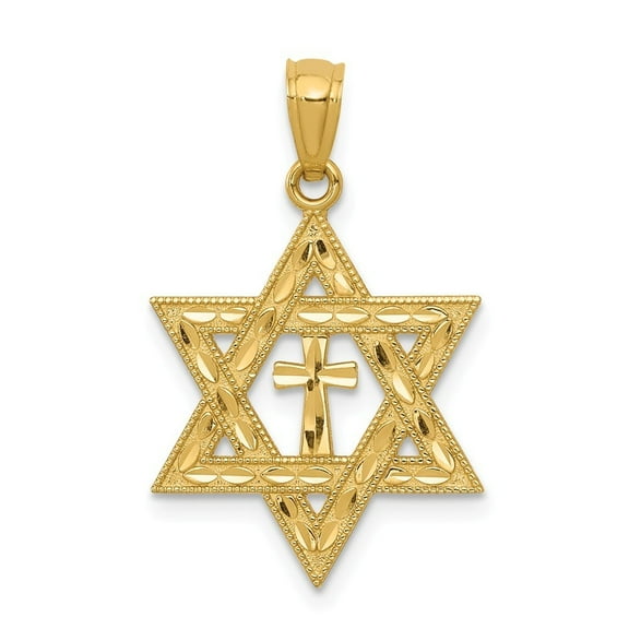 14k Yellow Gold Sparkle-Cut Star Of David With Cross Pendant - .8 Grams - Measures 16x16mm