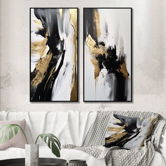 Designart "Harmony in Organic Bliss Minimalism in Gold and Black" Abstract Painting Framed Wall Art Set Of 2 - Modern Gold Framed Canvas Set For Living Room Decor