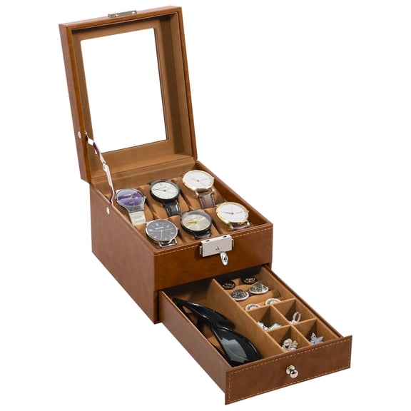 Uten 6-Slot PU Leather Watch Box for Men, 2-Layer Watch Display Case with Jewelry Storage Drawer & Velvet Lining, Brown