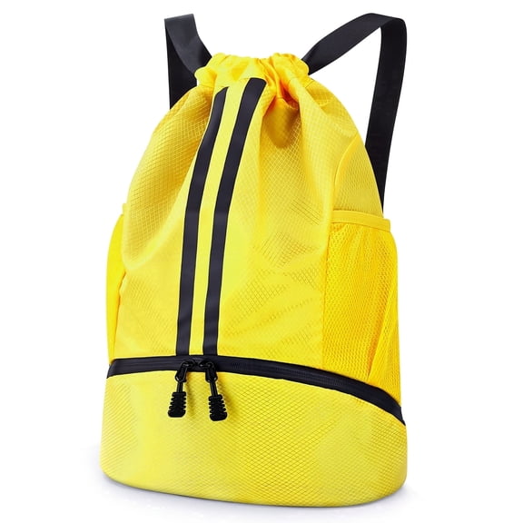 Bocaoying 3-Compartment Sports Drawstring Backpack, Water-Resistant Gym Bag with Wet/Dry Separation, Side Pockets & Zipper Pocket, Lightweight Swim Soccer Basketball Sack