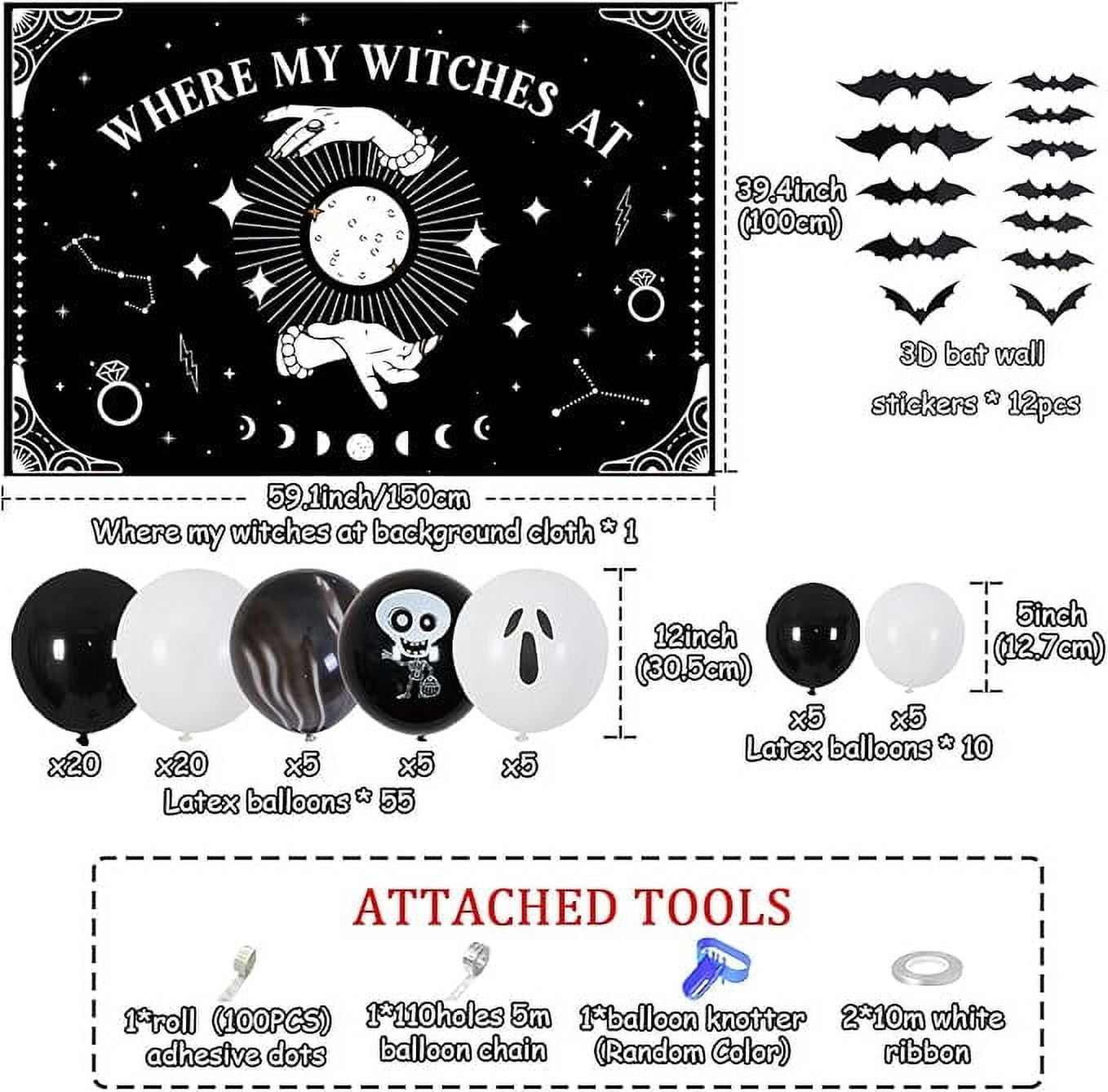 Halloween Where My Witches at Bachelorette Party Decorations Witches Backdrop Balck Balloon Garland Arch Kit 3D Bat Wall Stickers for Halloween Bachelorette Bridal Shower Party Decor Favors