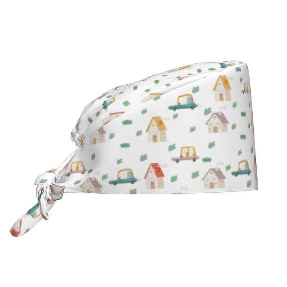 Salouo Cartoon House Print Adjustable Working Caps,1 Pcs Working Hats Elastic Scrub Hats Elastic Tie Back Hats Unisex Nurse Scrub Cap Nurse Hats ,One Size