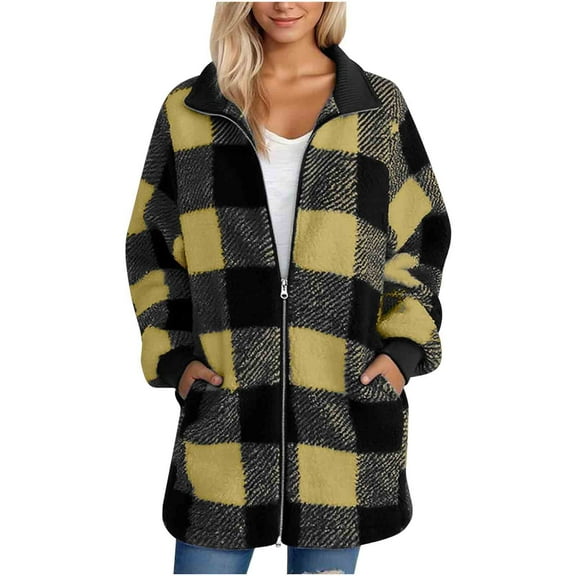 HBGVBA Womens Winter Coats,Plus Size Warm Jackets for Women,Women's Plaid Fleece Notched Collar Solid Color Pockets Zip Up Long Sleeve Fall Winter Warm Jacket