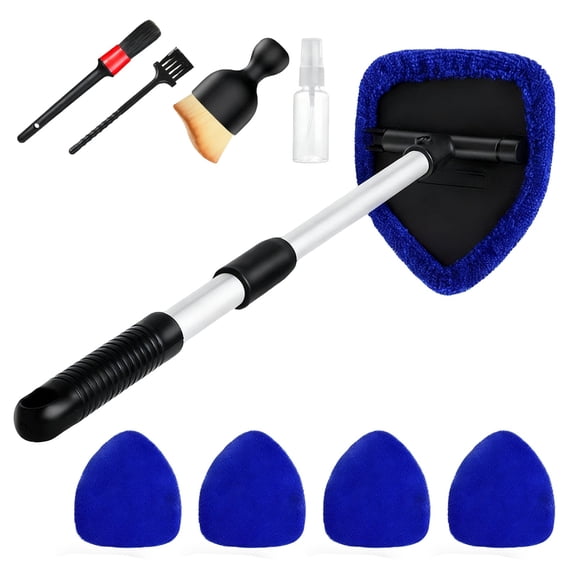 Car Interior Windshield Cleaner Tool Set, Extendable Handle, 180° Rotating Head, Microfiber Cleaning Pads, Spray Bottle, 3 Brushes, 5 Cloth Covers, Window Cleaning Kit for Car & Home