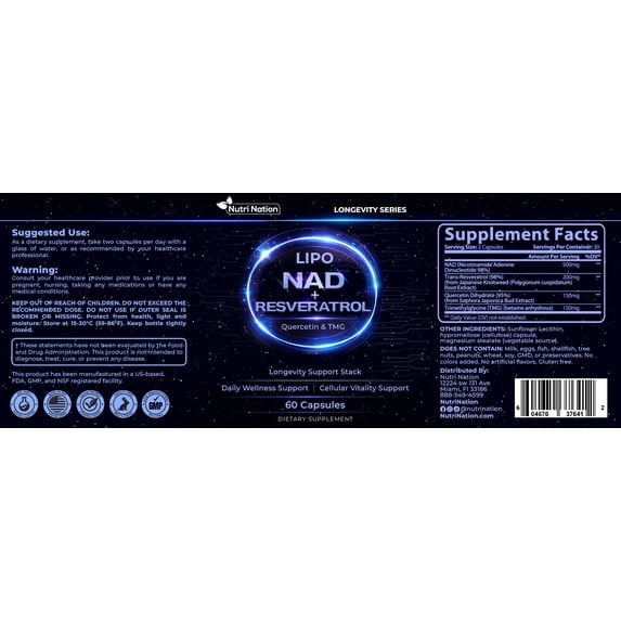 Liposomal NAD Supplement with Resveratrol, Quercetin and TMG for Anti Aging and Cell Regeneration