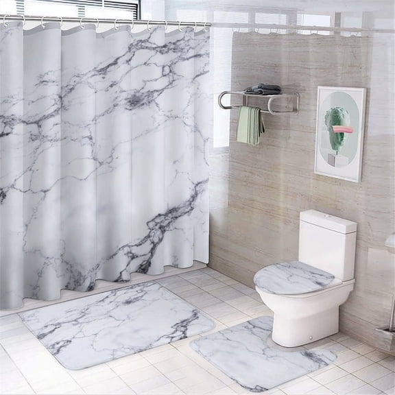Elegant White Marble Texture Shower Curtain Bathroom Sets Toilet Lid Rug, Bath Mat And Contour Mat, Shower Curtain 4Pcs