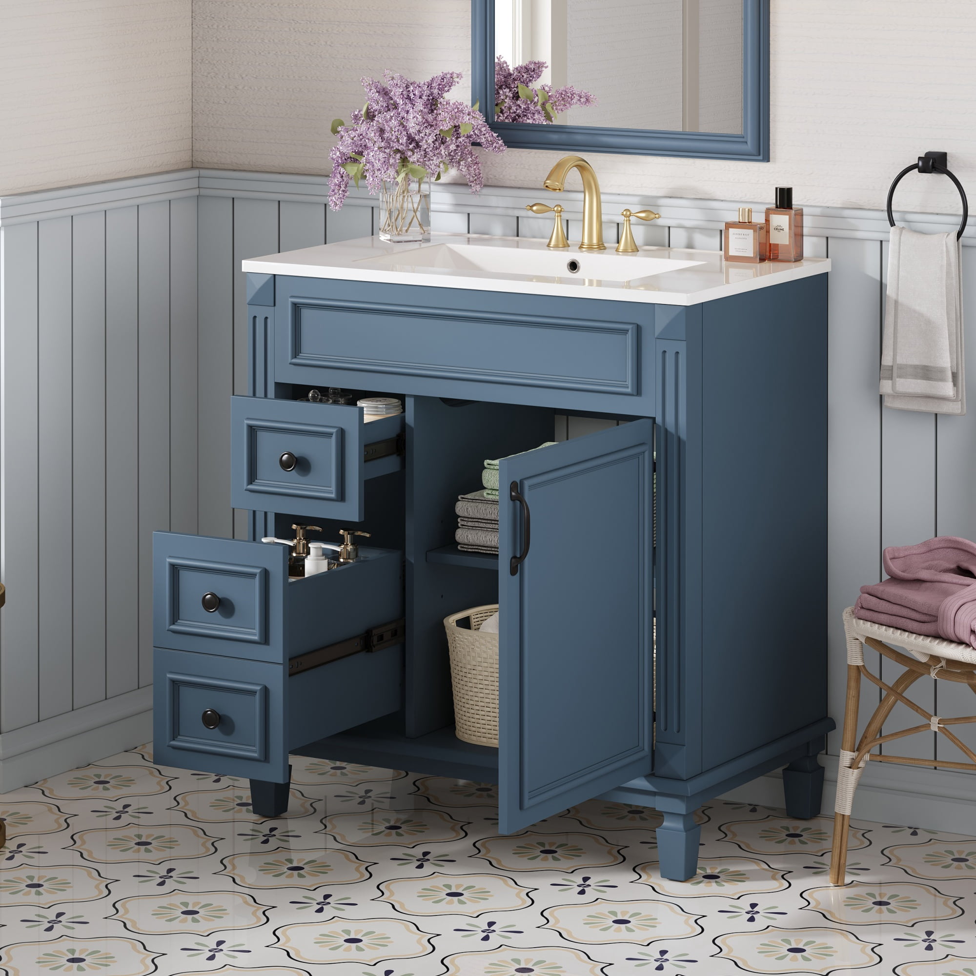 Euroco 30" Bathroom Vanity with Ceramic Sink, Small Bathroom Sink Cabinet, Modern Cabinet with 2 Drawers and Adjustable Shelf